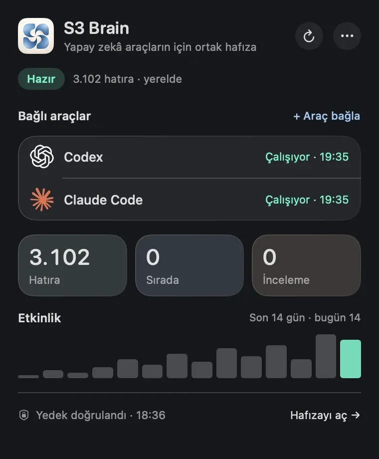 S3 Brain menü çubuğu panelinde bağlı araçlar, yerel hafıza, bekleyen iş, inceleme sayısı ve yedek durumu.