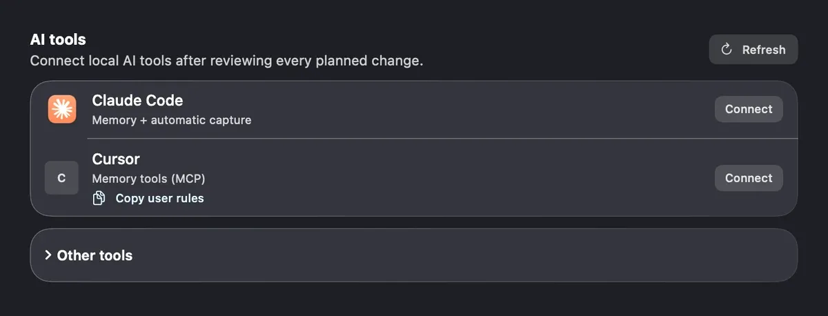 S3 Brain tool settings showing Claude Code and Cursor connection options, with planned changes reviewed before connecting.