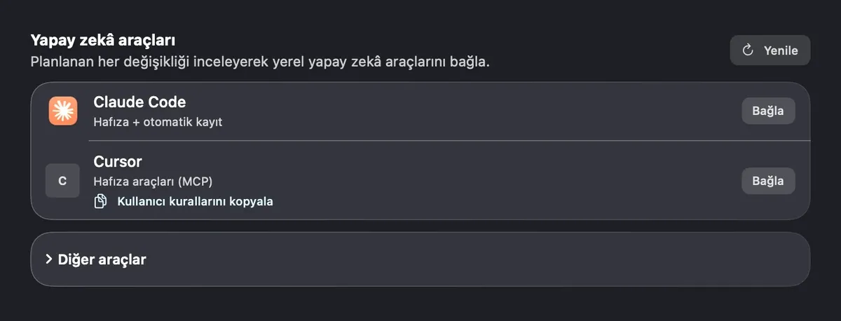 S3 Brain araç ayarlarında Claude Code ve Cursor bağlantı seçenekleri. Bağlanmadan önce planlanan değişiklikler incelenir.