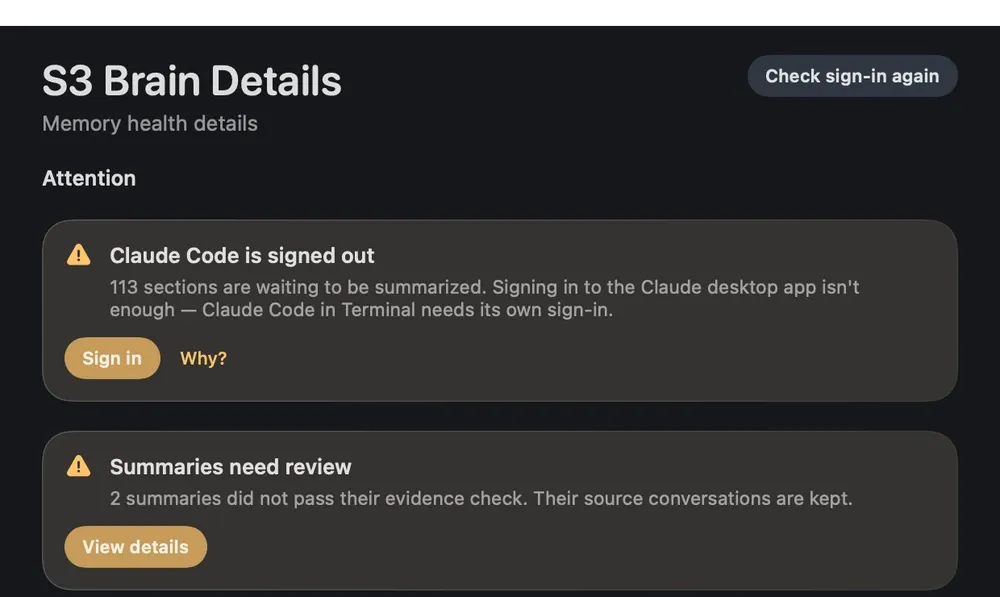 S3 Brain details window showing a tool sign-in warning and memories that need source review.