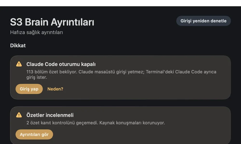 S3 Brain ayrıntı penceresinde bir aracın giriş uyarısı ve kaynak incelemesi bekleyen hafızalar.