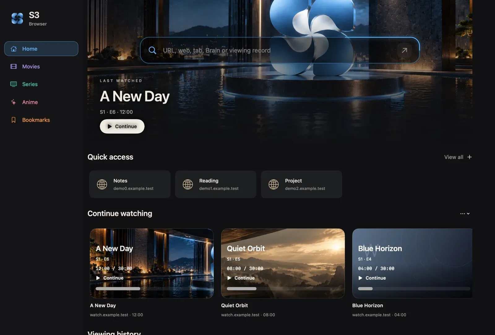 S3 Browser Home with search, quick access and Continue Watching.