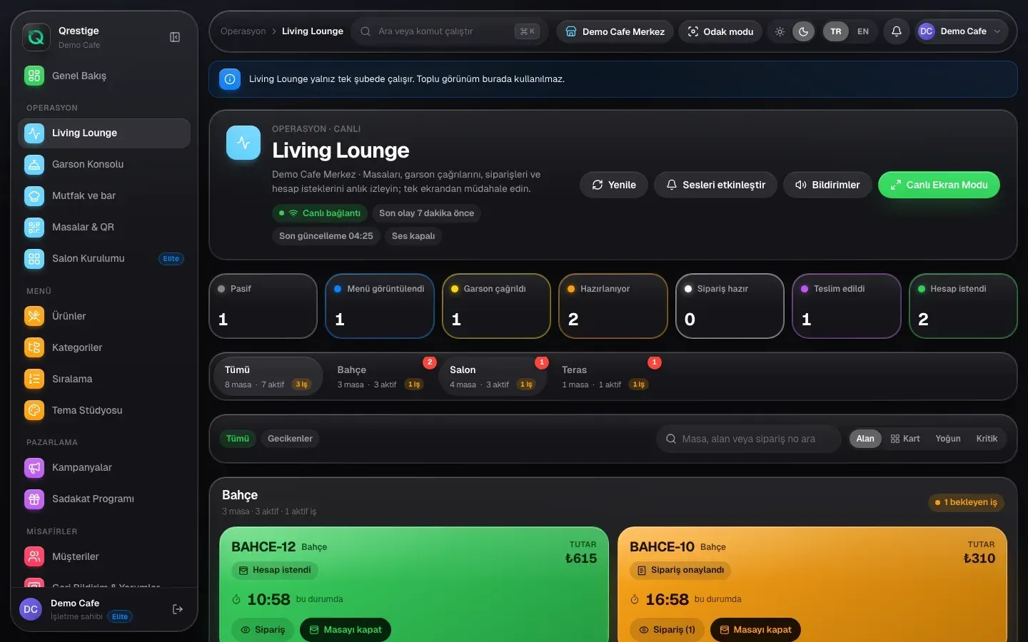 QRESTIGE Living Lounge table activity in the Turkish demo interface.