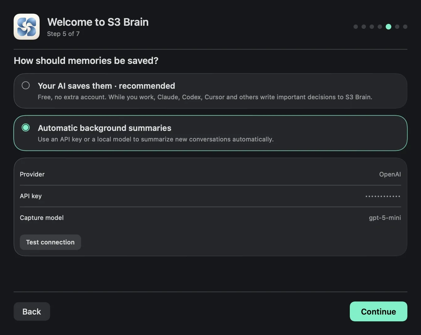 S3 Brain setup assistant showing AI-written memories and optional background summaries with your own API key or a local model.