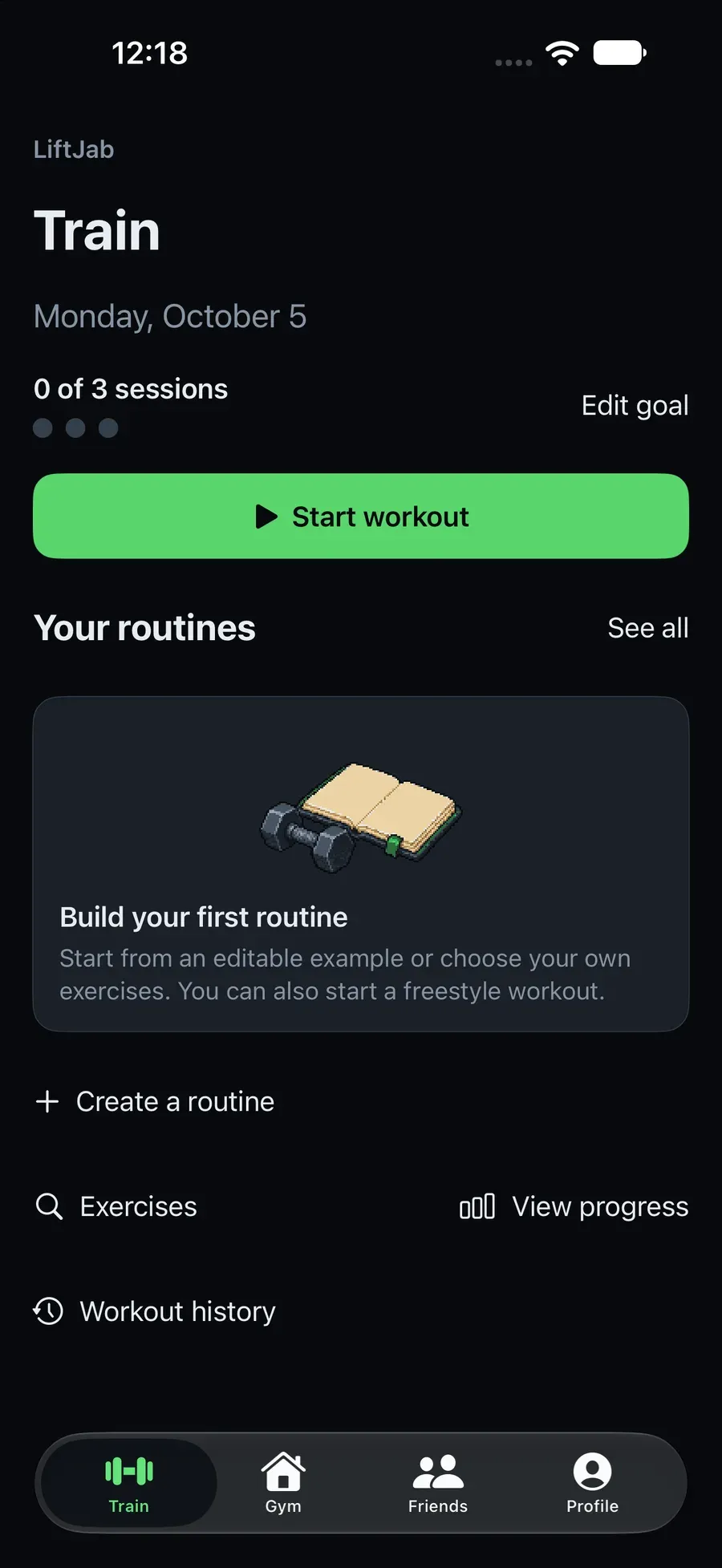 LIFTJAB Train tab in English with Start workout, Create a routine, Exercises, View progress and Workout history.
