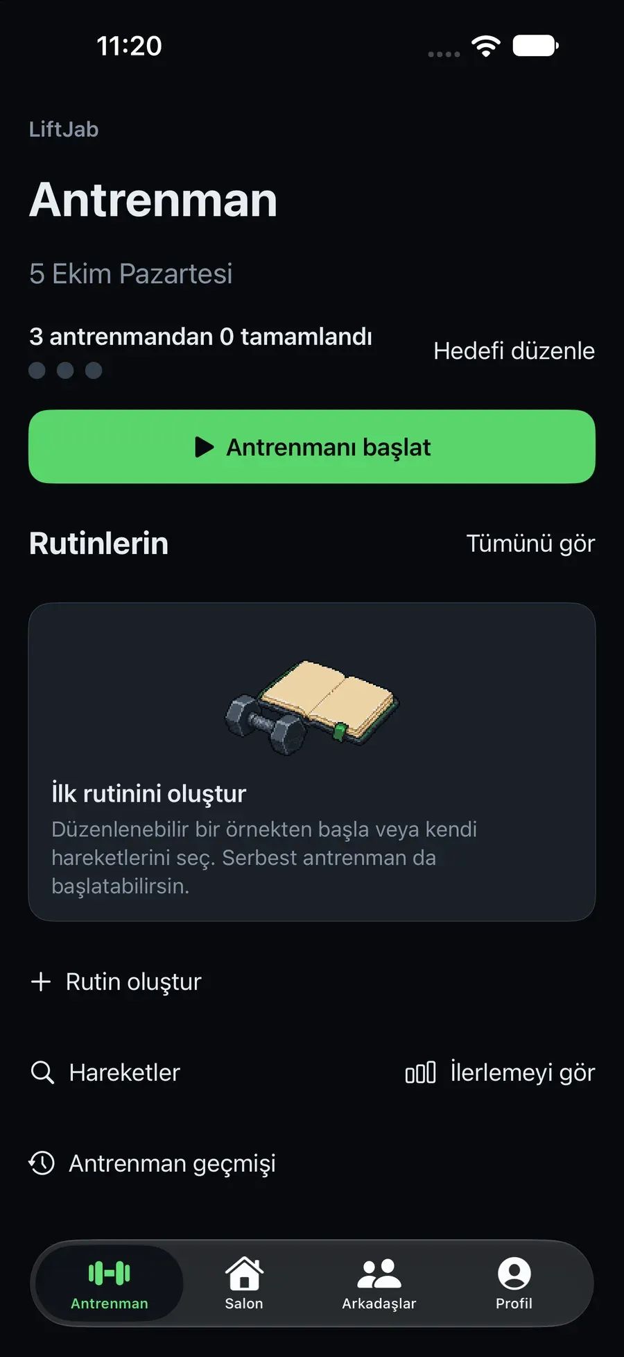 LIFTJAB'ın Türkçe Antrenman sekmesi: antrenman başlatma, program oluşturma, hareketler, ilerleme ve antrenman geçmişi.