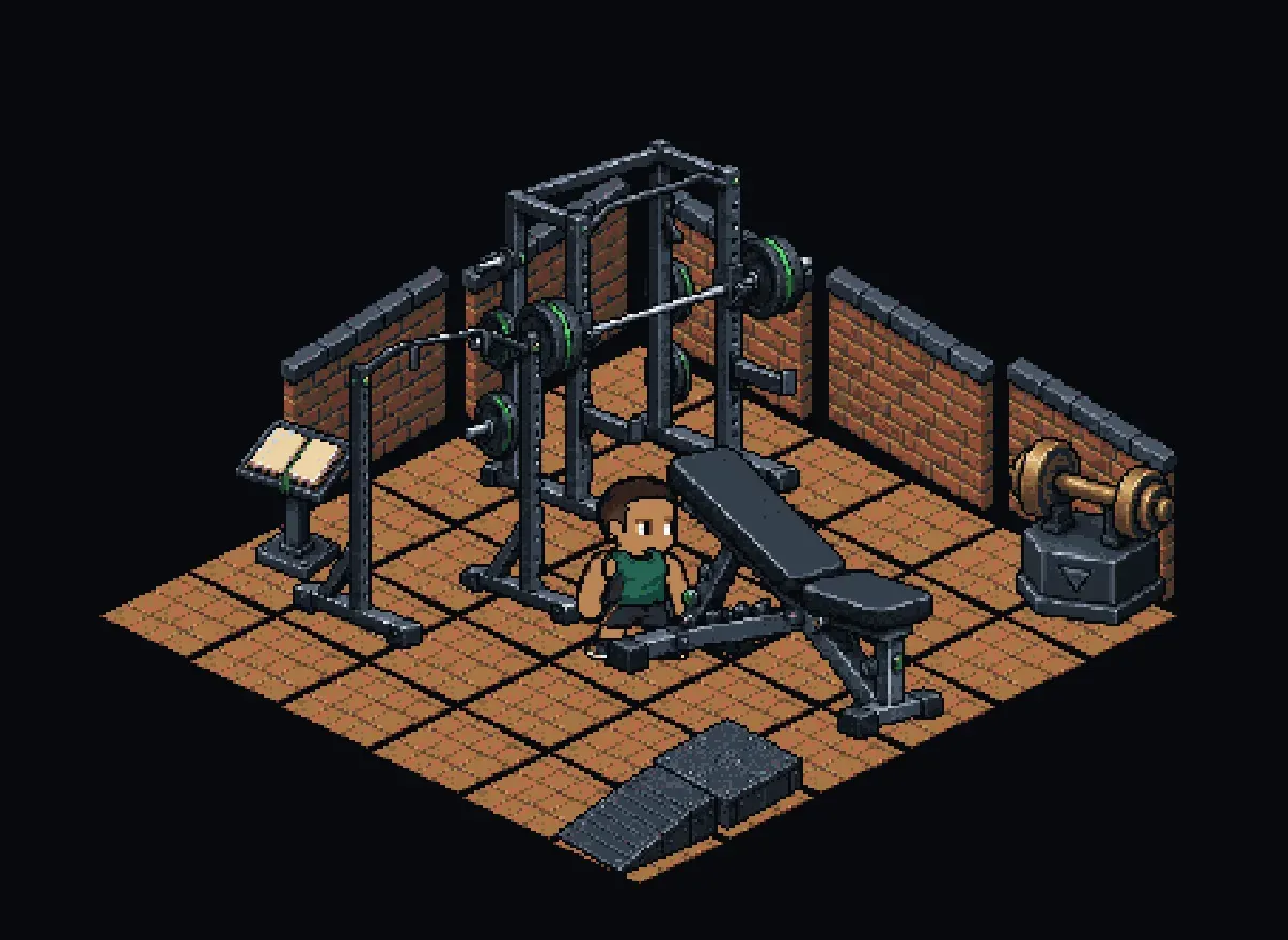 LIFTJAB's in-app gym renderer showing a warm brick room with pixel equipment and an avatar.